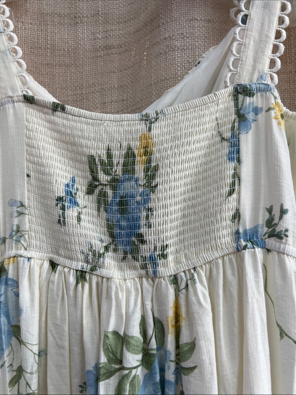 White Blue Yellow Floral Tiered Midi Dress Lace Tie Straps Large - Picture 13 of 14